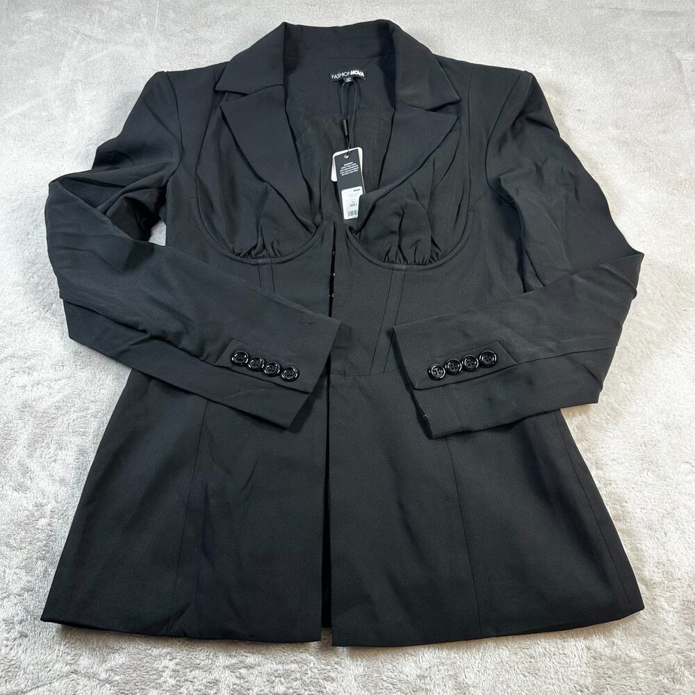 NWT Fashion Nova Women's Large Black Corset Blazer Notch Collar Hook Eye Stretch